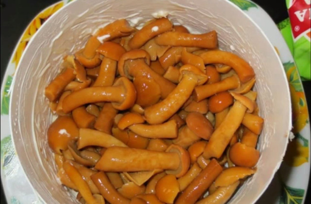 Салат с копченой курицей и маринованными опятами
