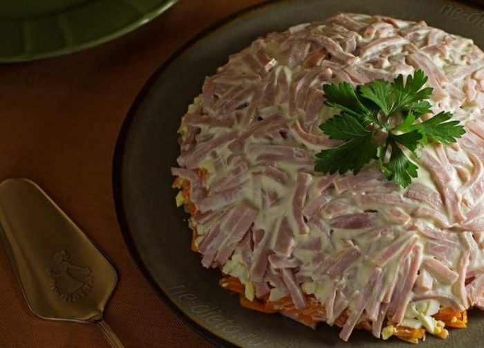 Салат с консервированными или жаренными шампиньонами и ветчиной